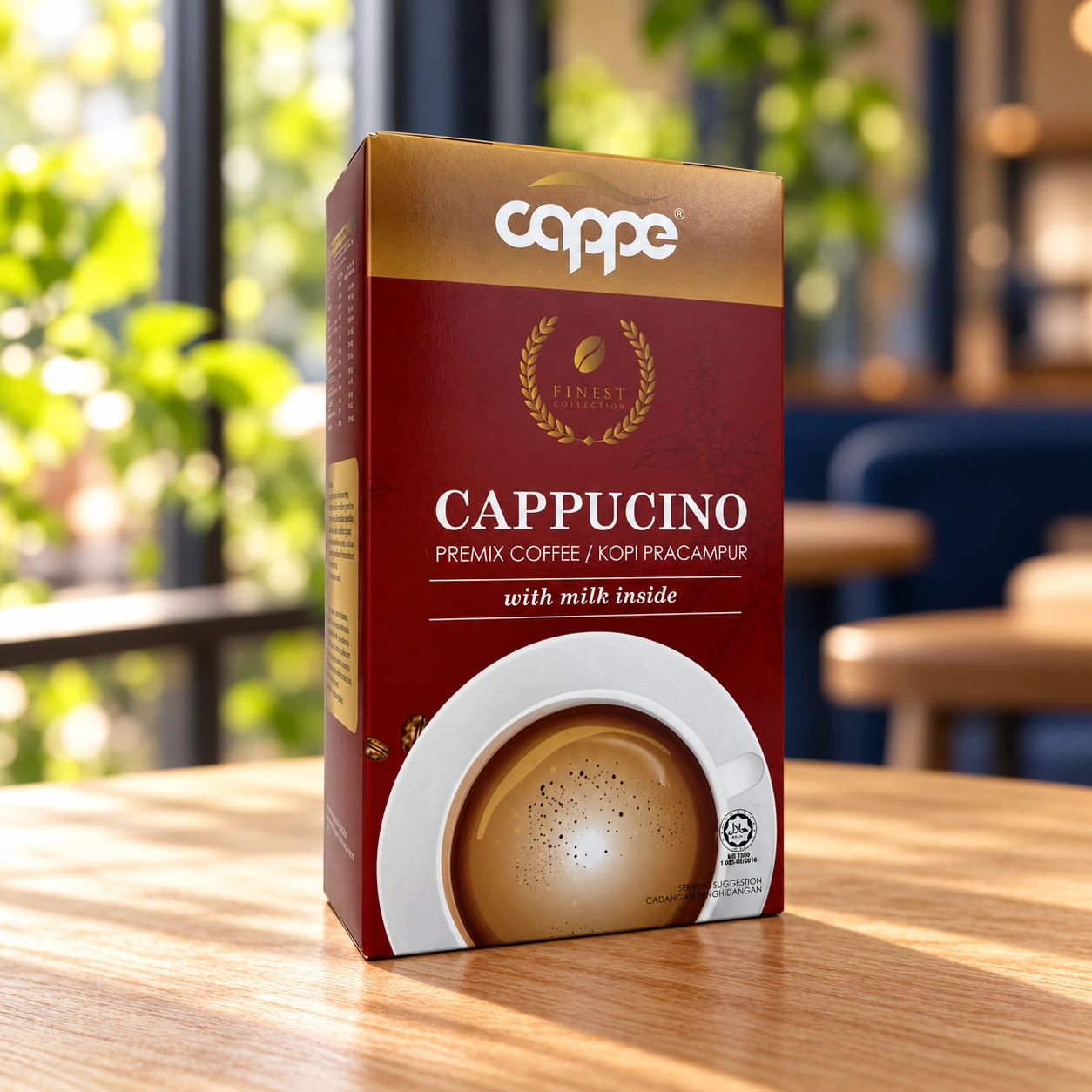 CAPPE Cappuccino on a naturally lit cafe table