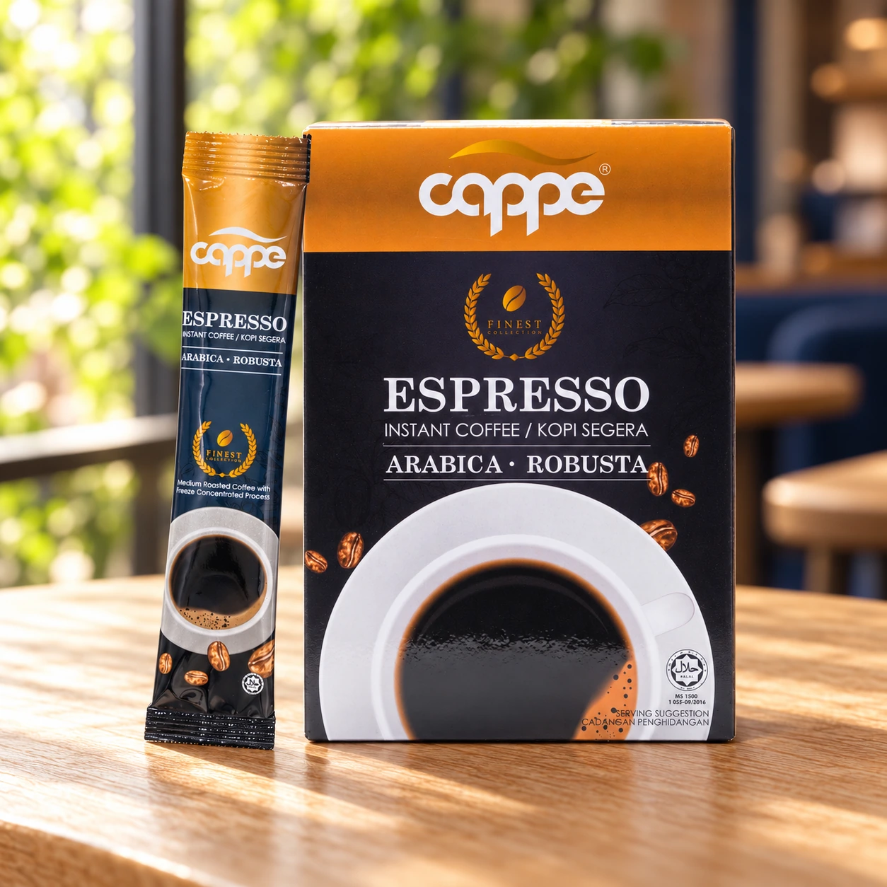 CAPPE Espresso on a naturally lit cafe table