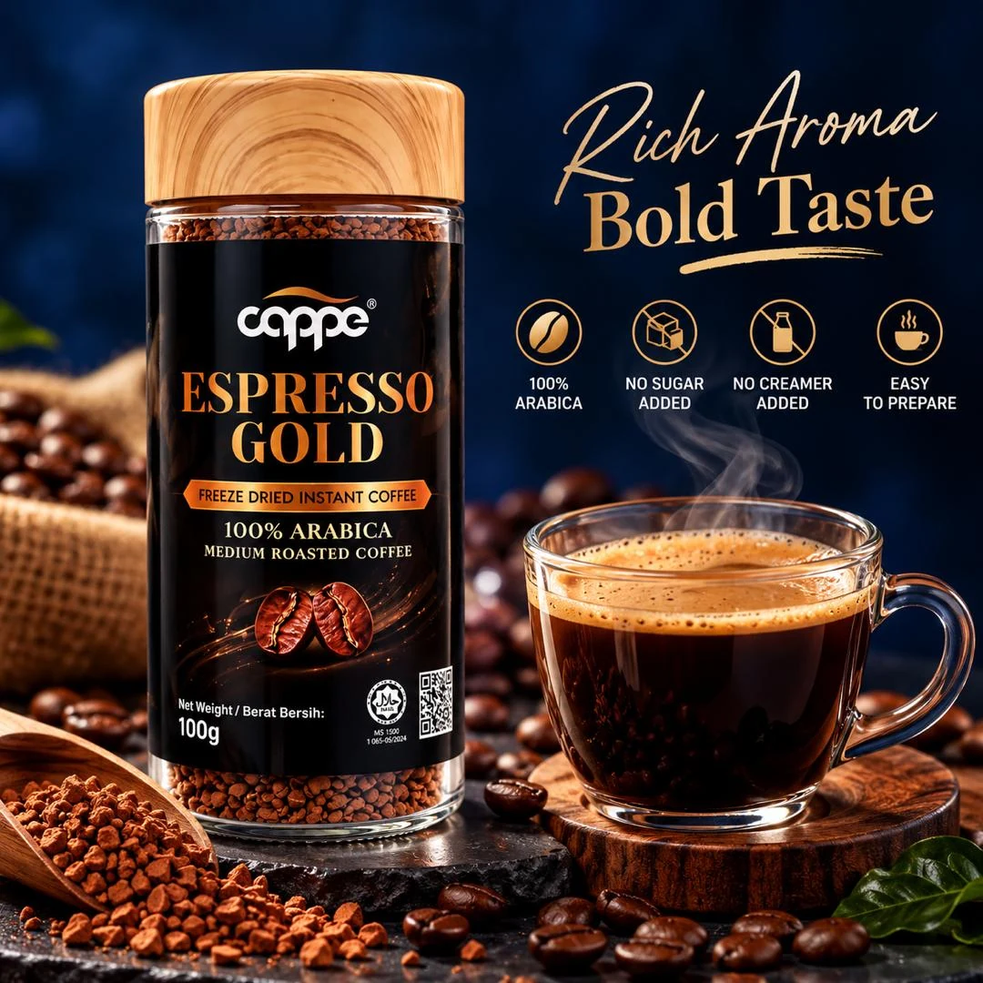 Espresso Gold with a cup of coffee on a deep blue backdrop