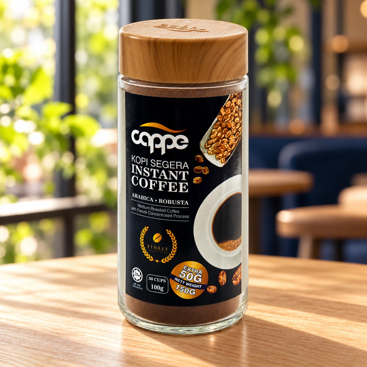 CAPPE Instant Coffee 150g on a naturally lit cafe table
