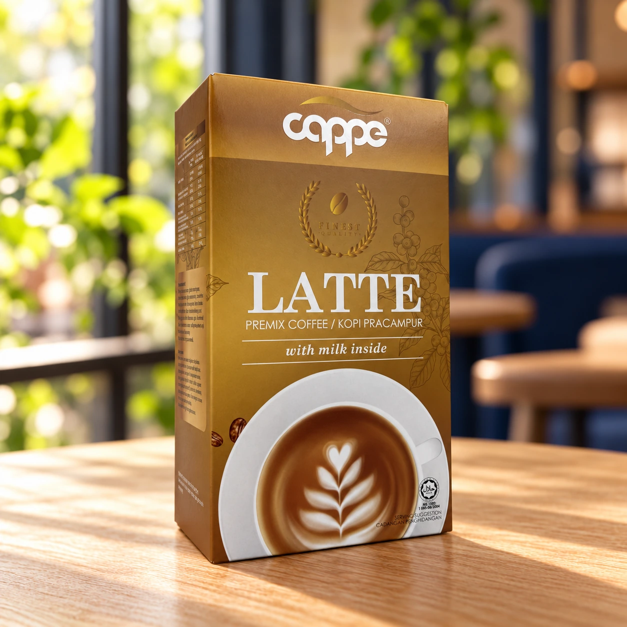 CAPPE Latte on a naturally lit cafe table