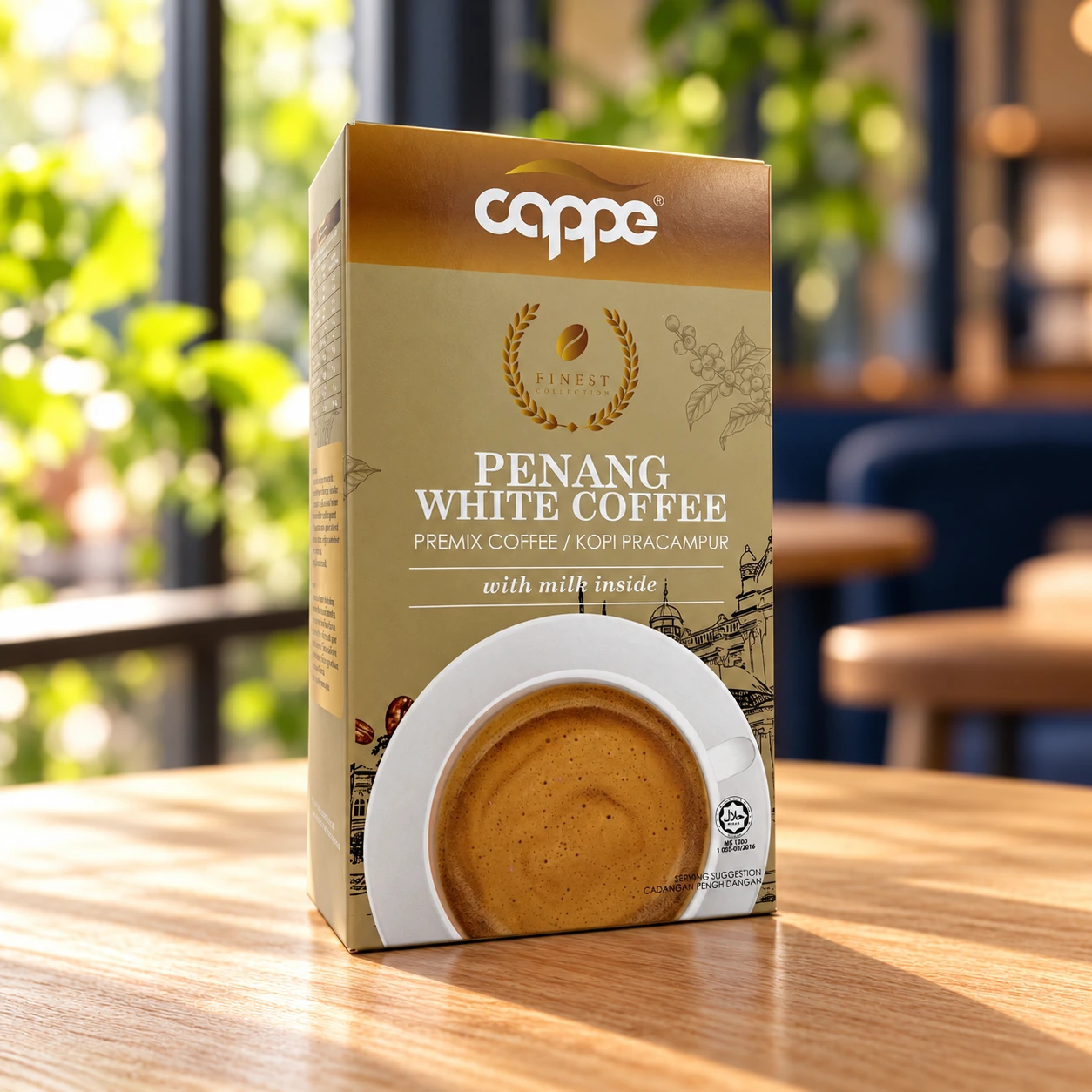 CAPPE Penang White Coffee on a naturally lit cafe table